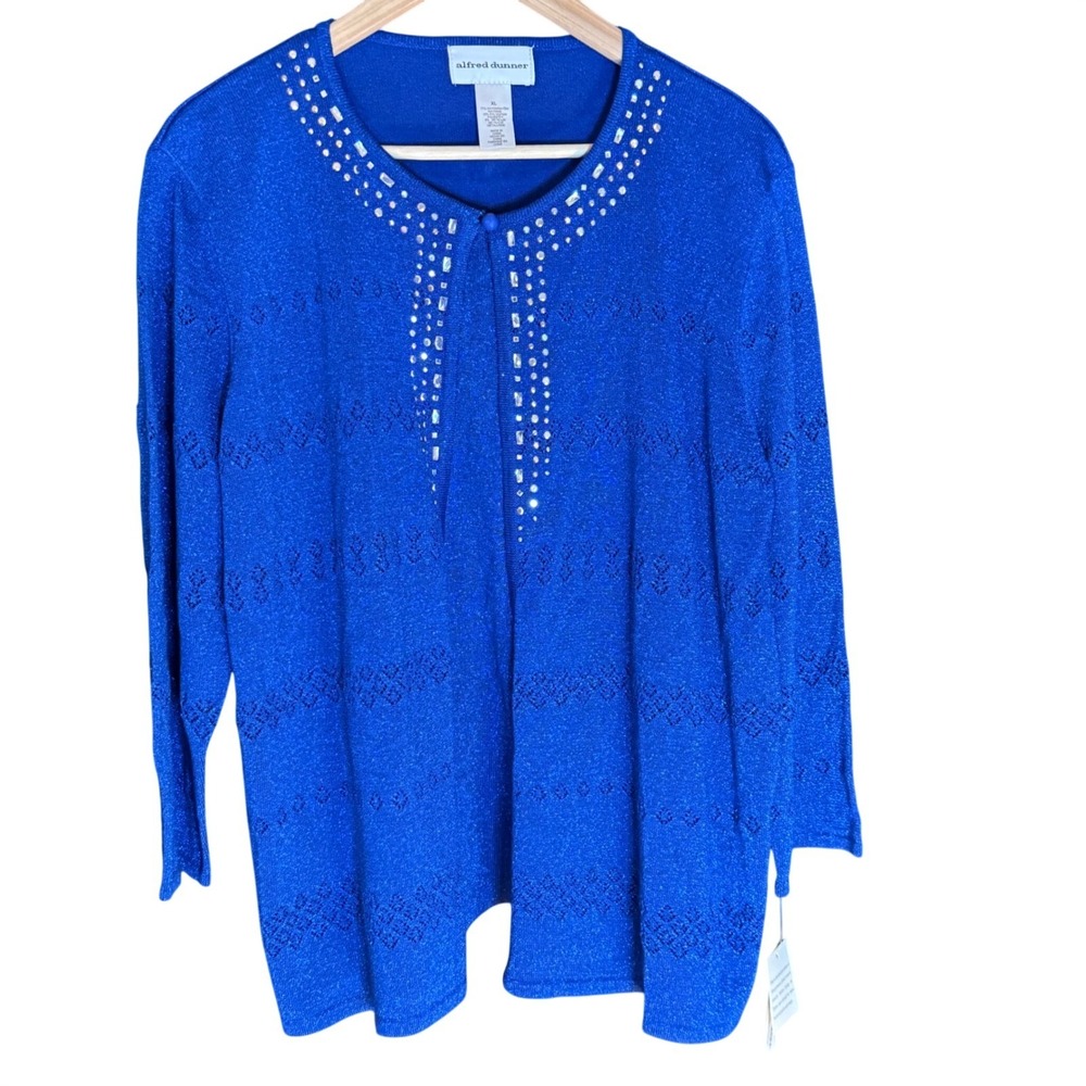 Alfred Dunner Cobalt Blue Sparkle Knit Embellished Cardigan Sweater‎ XL NWT